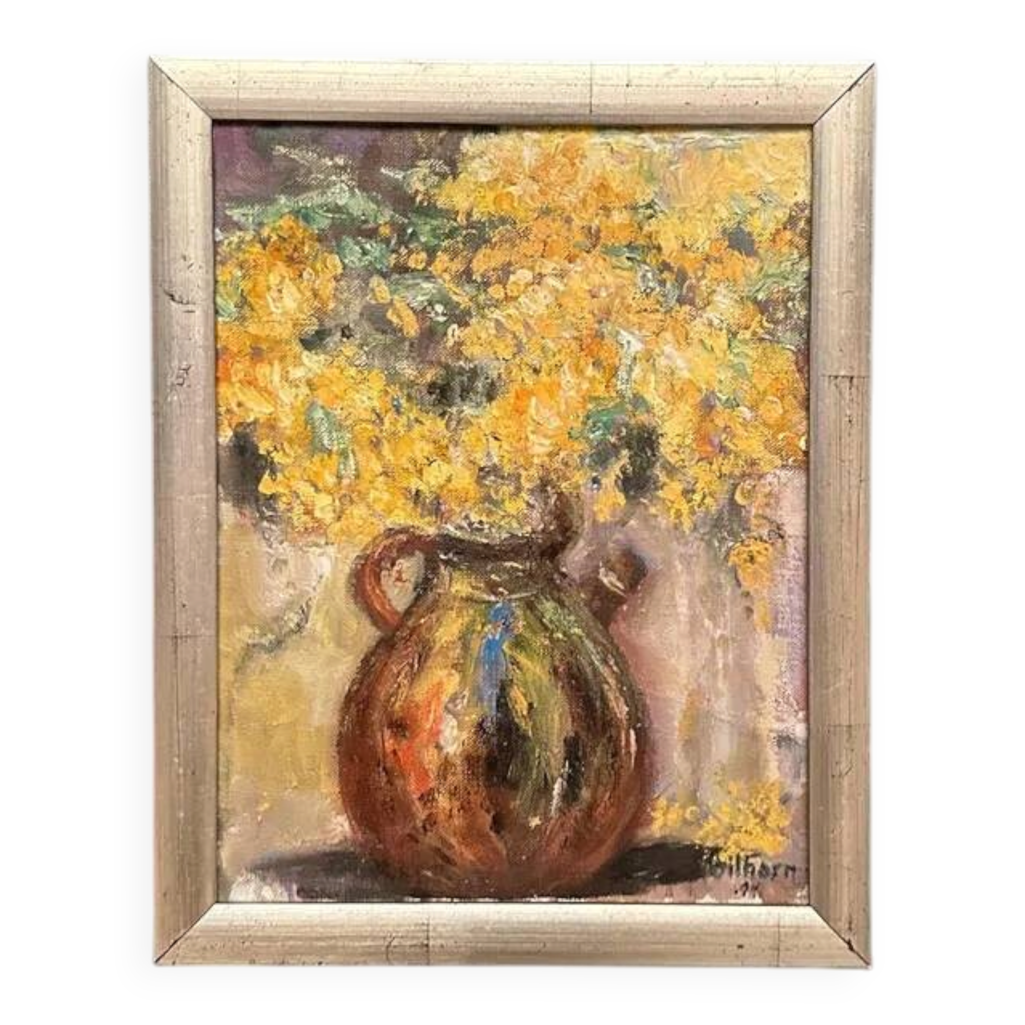 Original Swedish Oil on Canvas – “Vessel with Mimosa” by Monica Gilhorn – Signed – Vintage & Framed – 40 × 31.5 cm (15.7" × 12.4")
