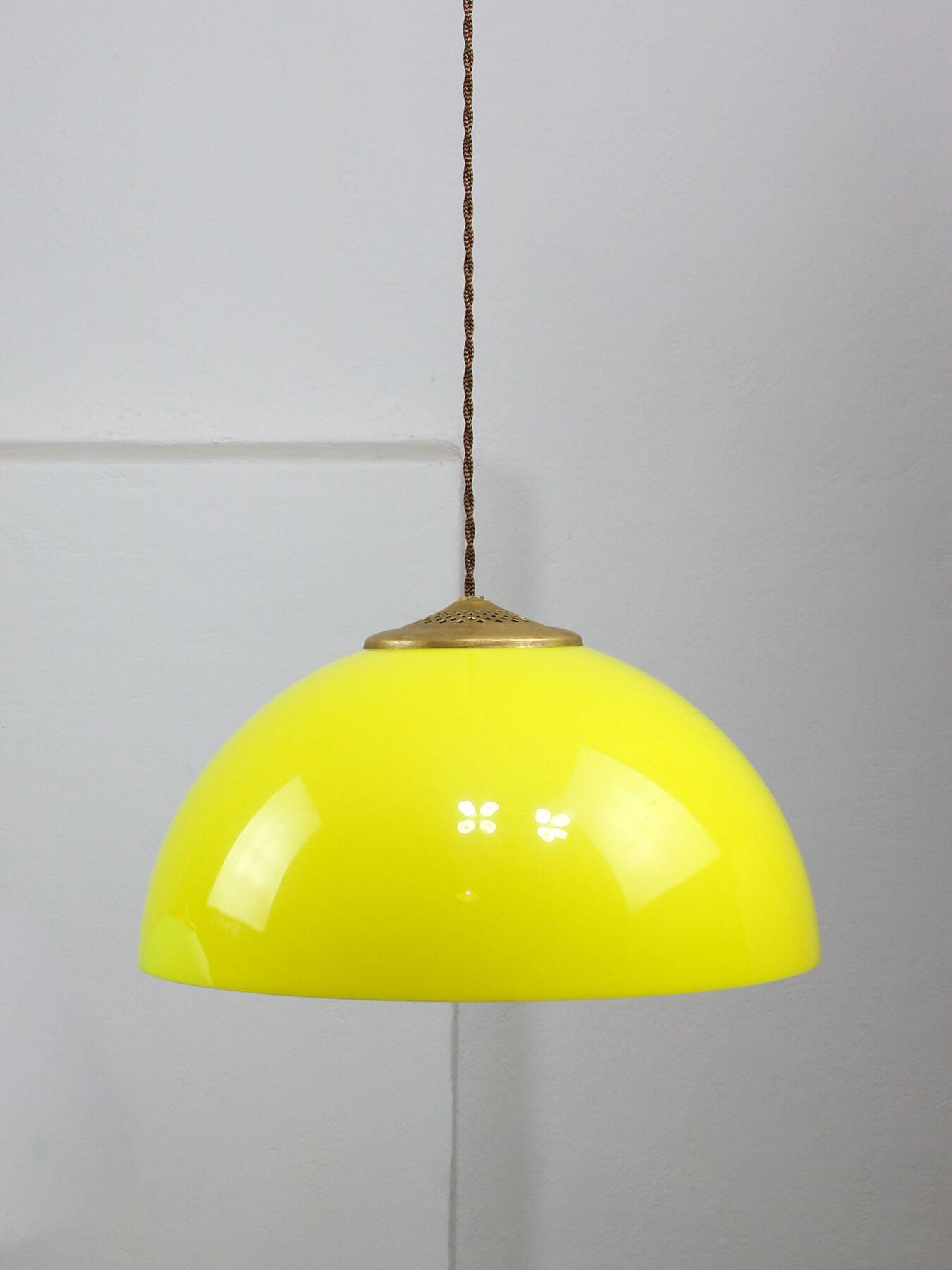 Vintage Italian Brass and Yellow Plexiglas Pendant Lamp