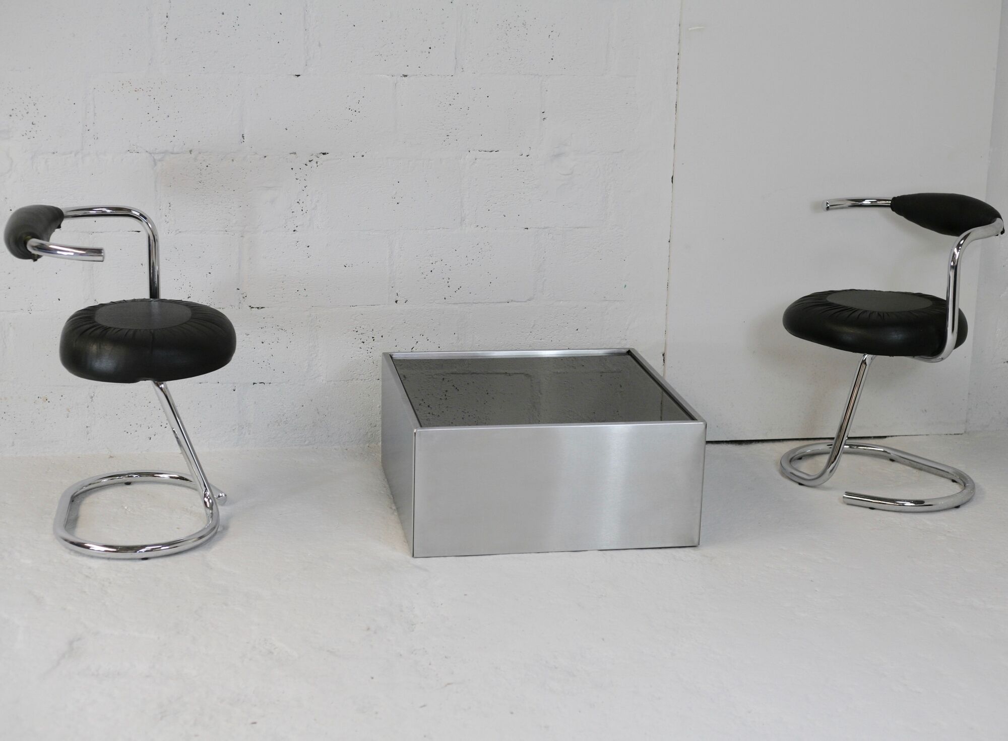 Steel coffee table and smoked glass, France, circa 1970