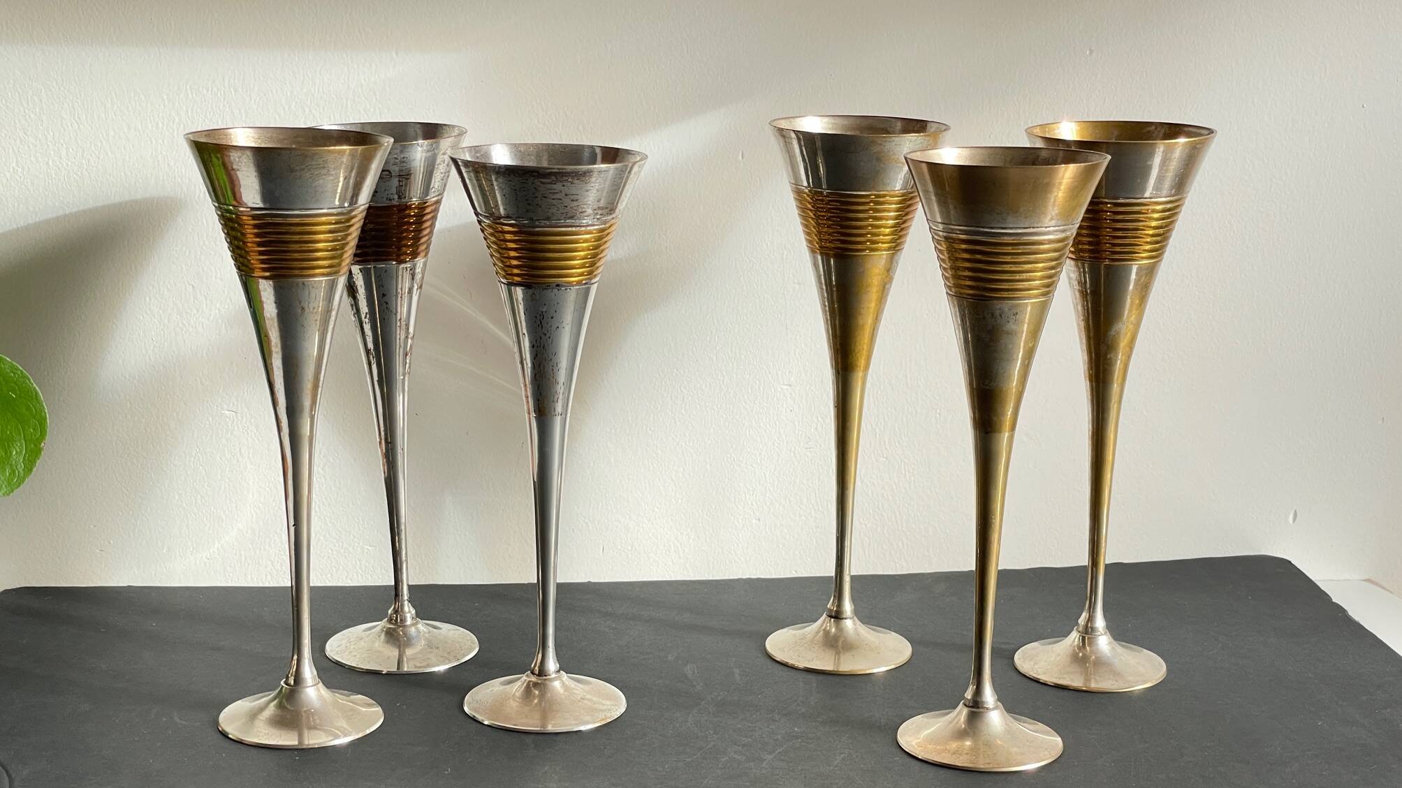 6 Vintage Silver-Plated Brass Champagne Flutes