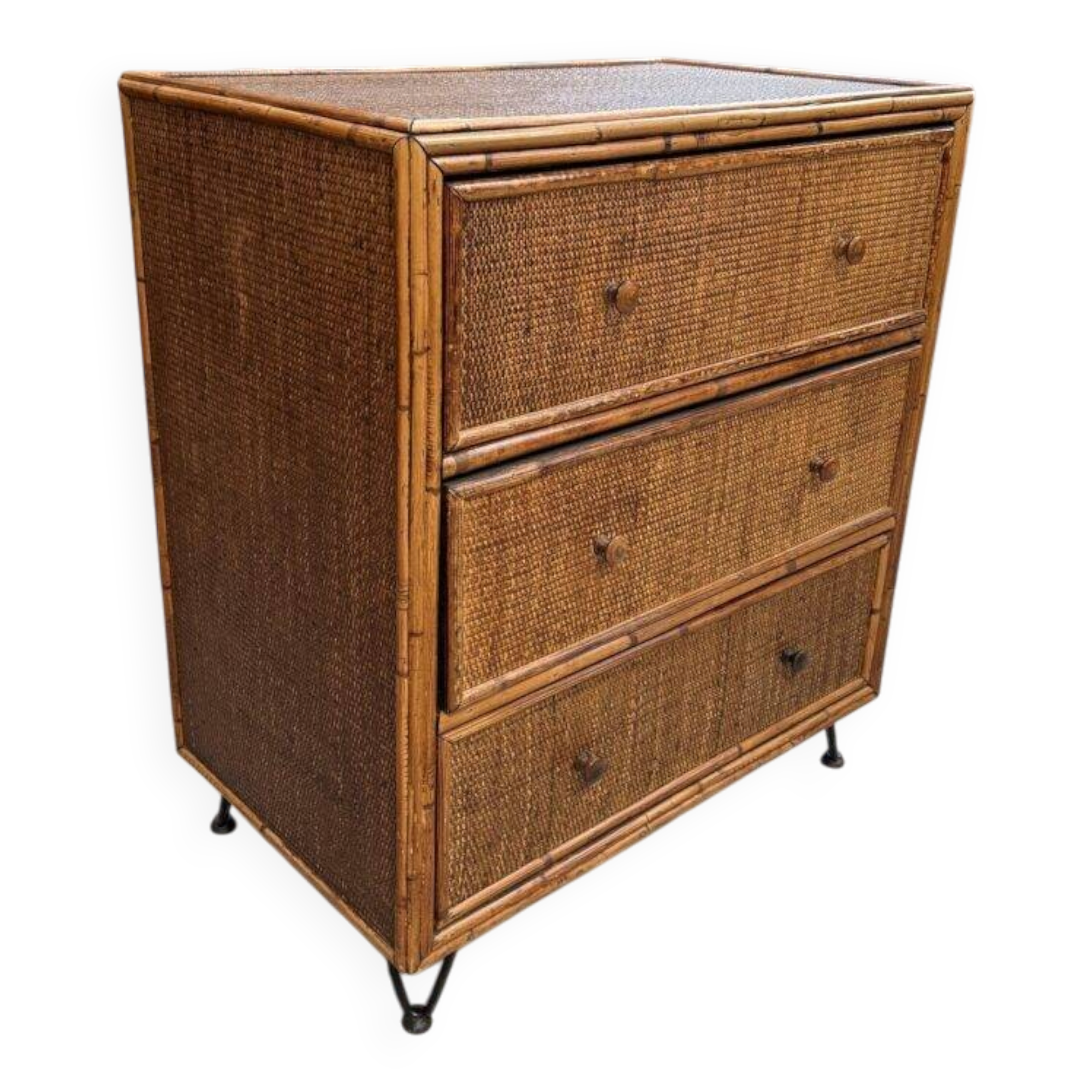 Commode osier et rotin années 60