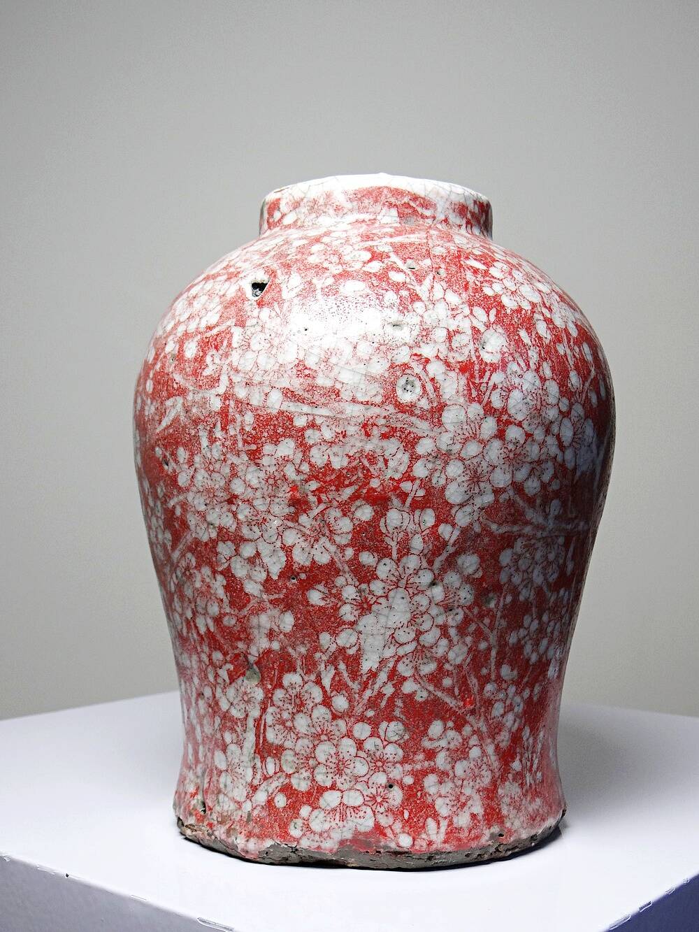Glazed raku ceramic vase decorated with sakura, vintage 1980s-1990s.