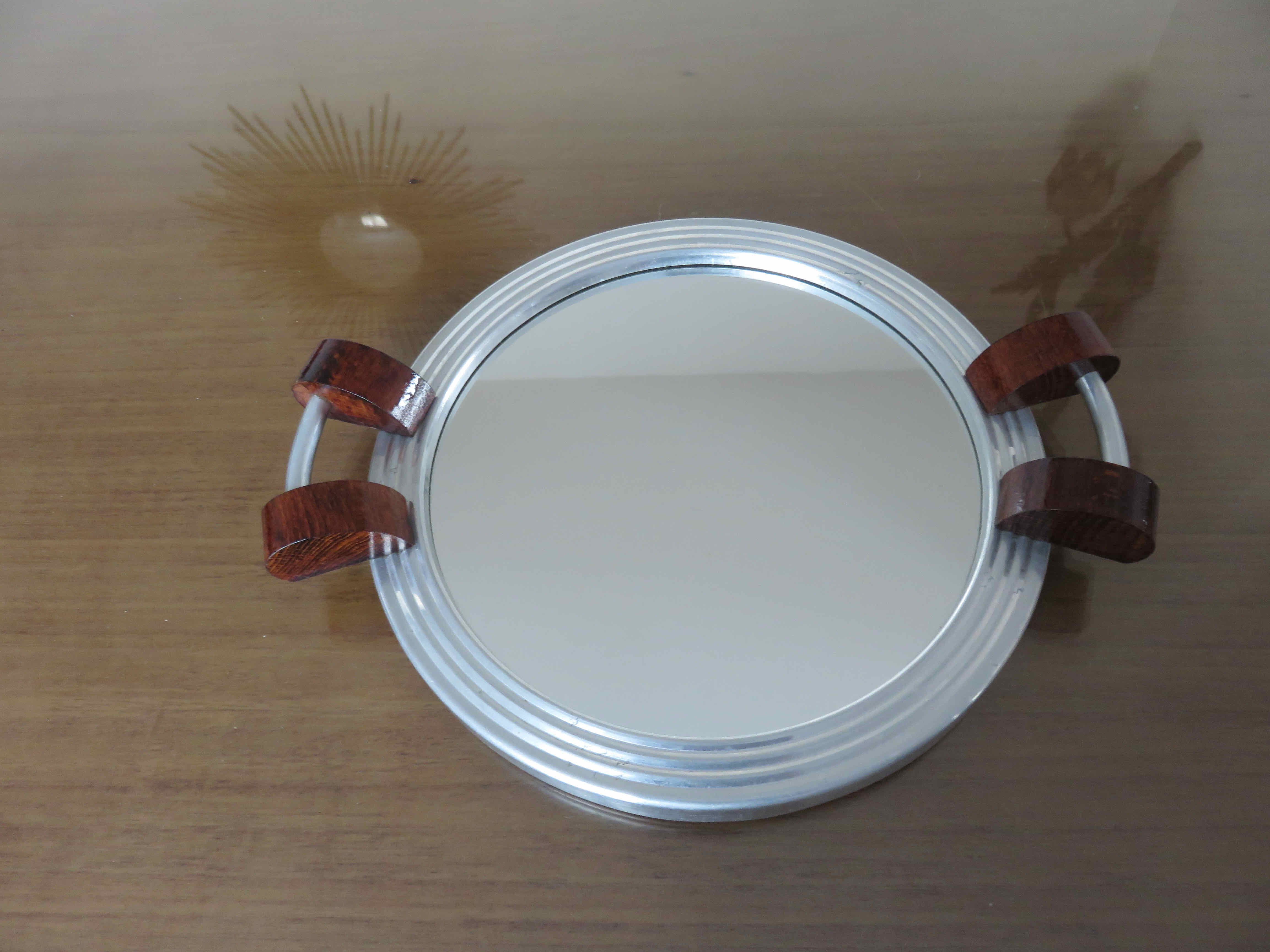 Plateau miroir en palissandre et aluminium Art Deco années 40 50