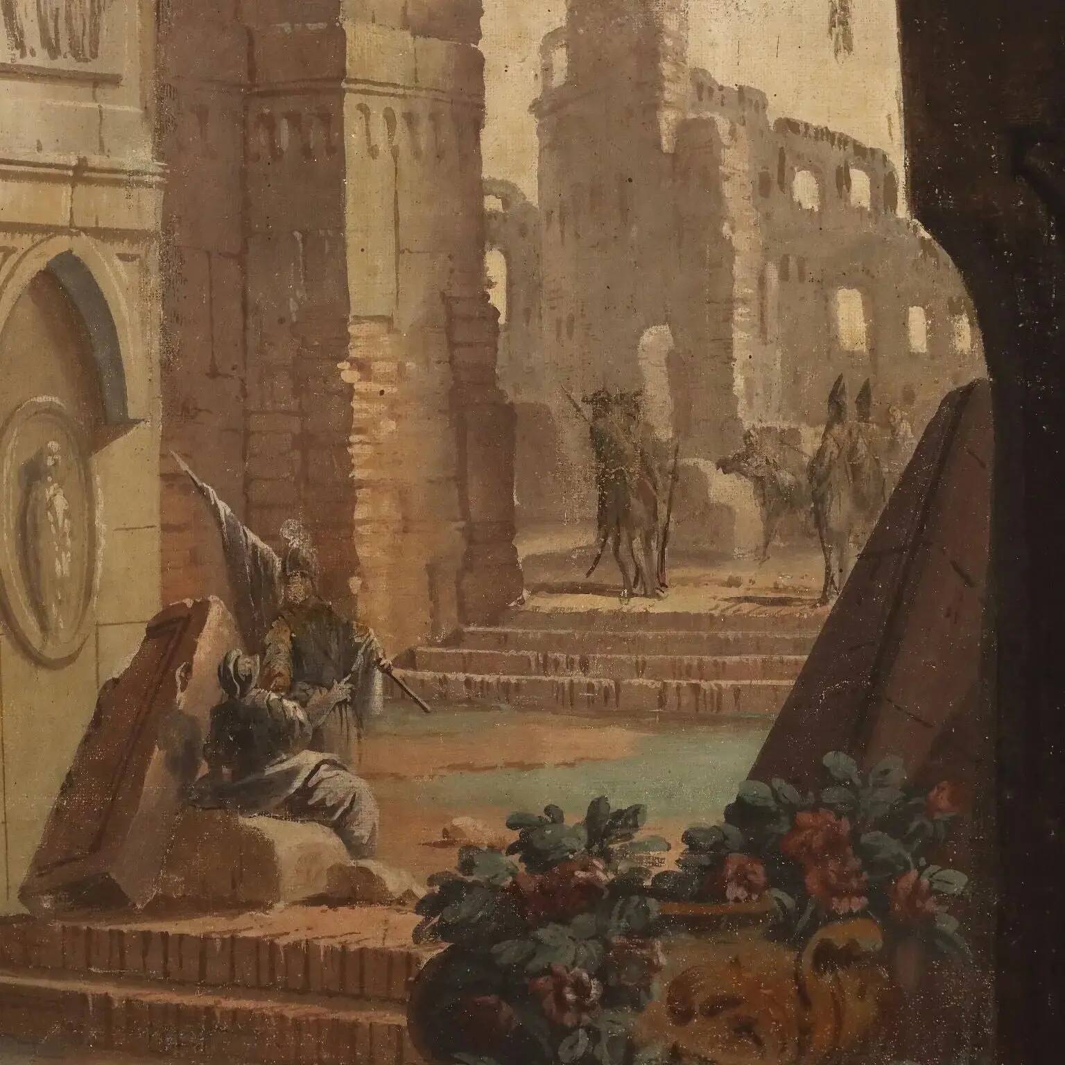 Ancient painting, architectural view, tempera on canvas, 18th century.