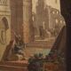 Ancient painting, architectural view, tempera on canvas, 18th century.