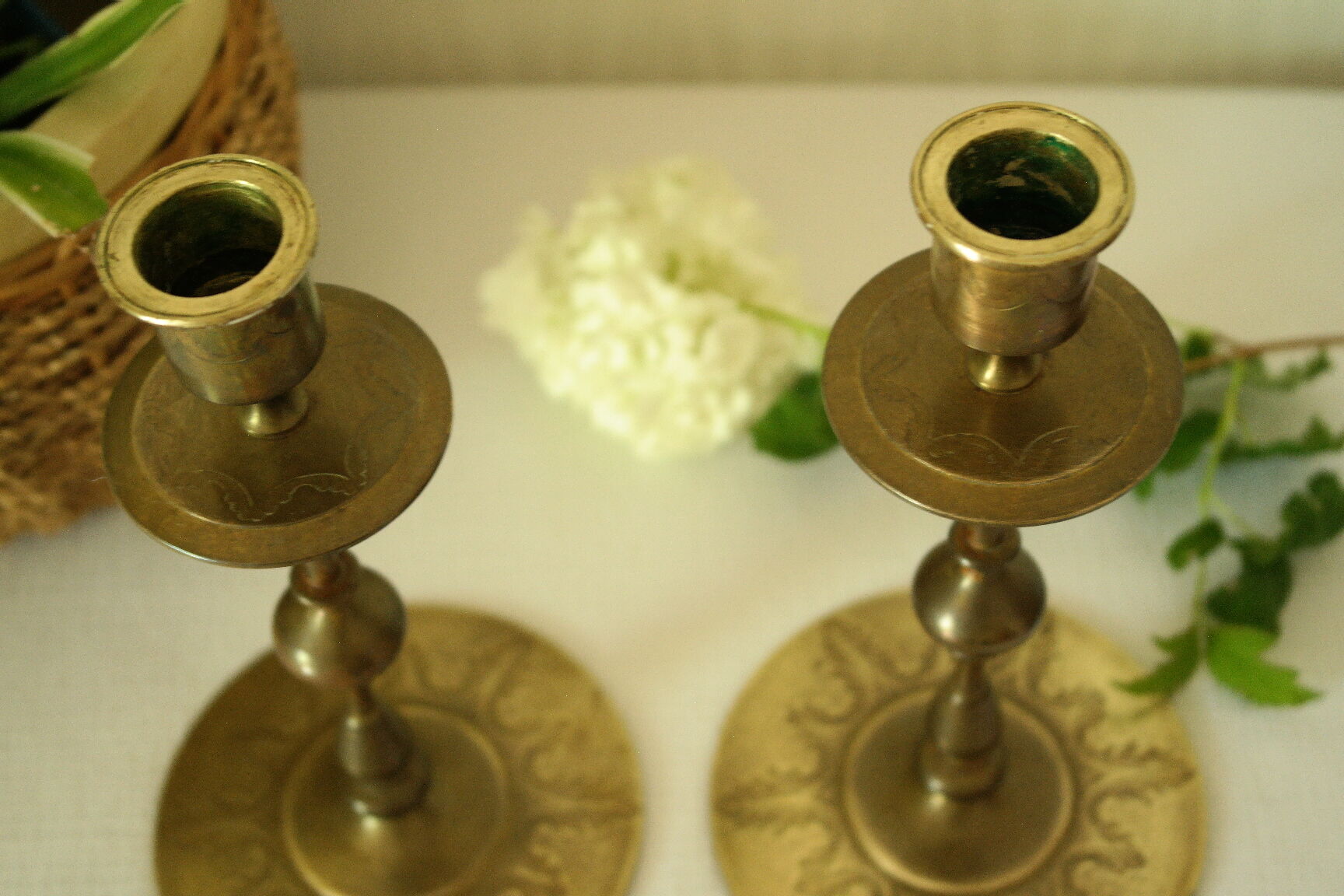 Pair of vintage engraved brass candle holders