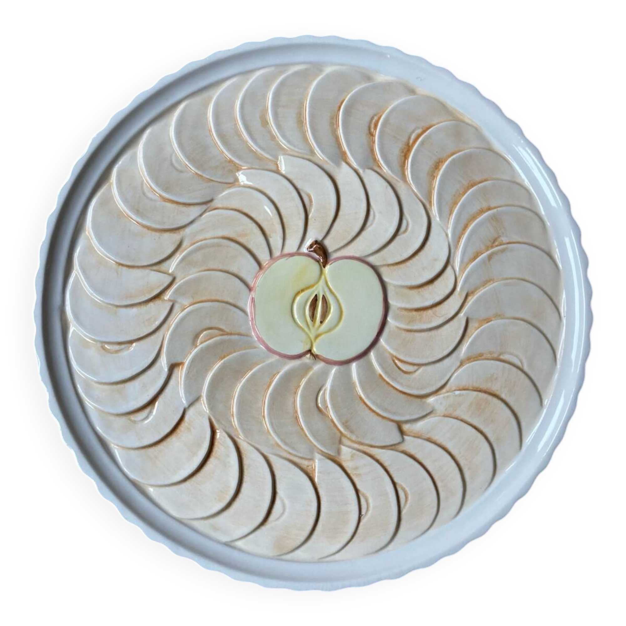 Pie dish on a stand, majolica, apple