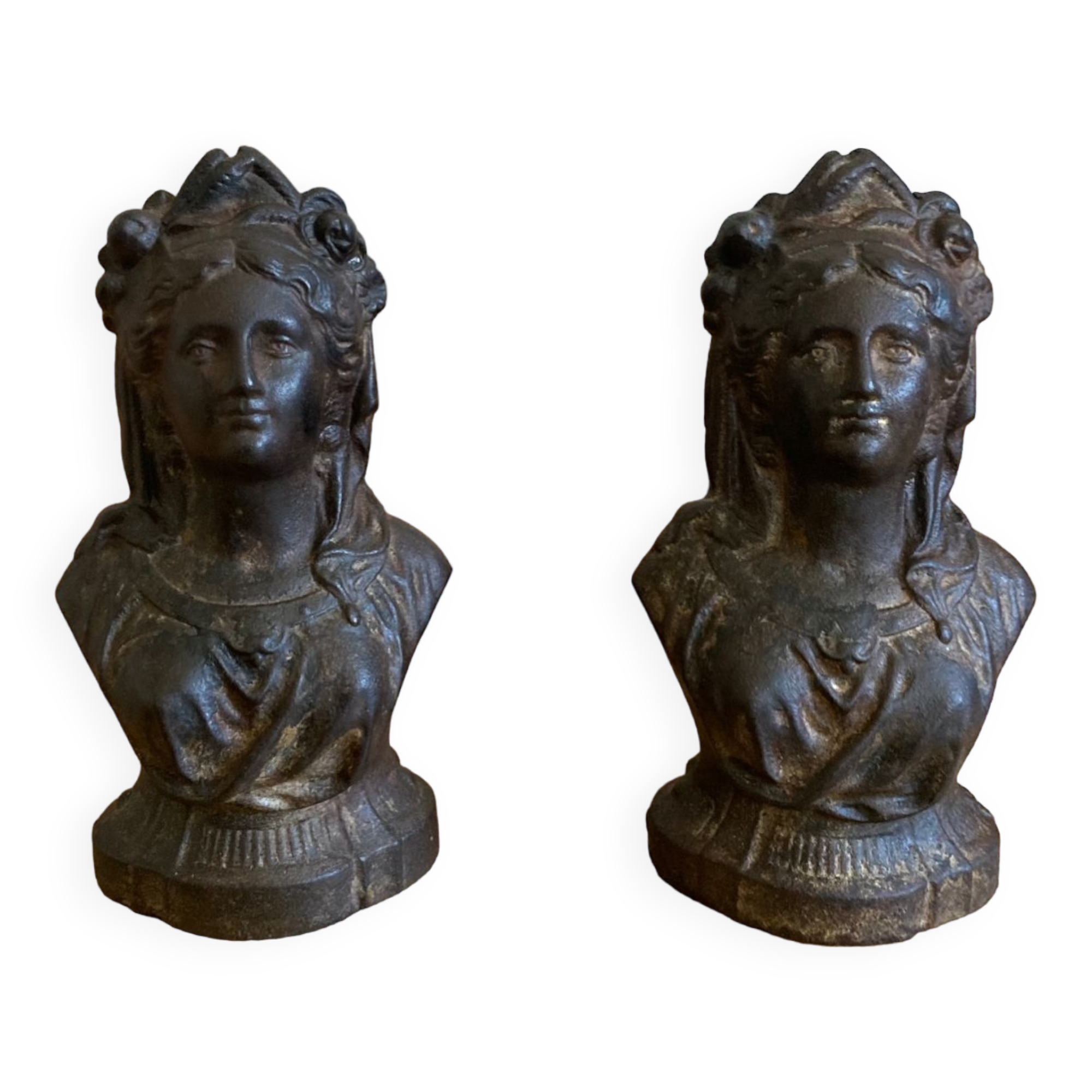 Pair of cast iron andirons from the 19th century, busts of women