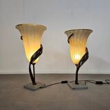 Large Jugendstil floor / table lamps, Roberto Galli, stone base with Italian glass shade