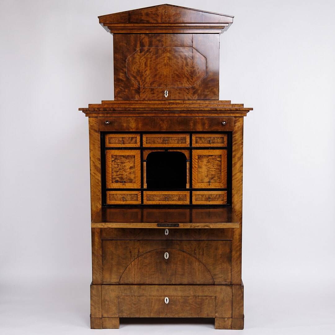 Secretary - Hand polished birch & intarsia - 2 drawers - 1840s