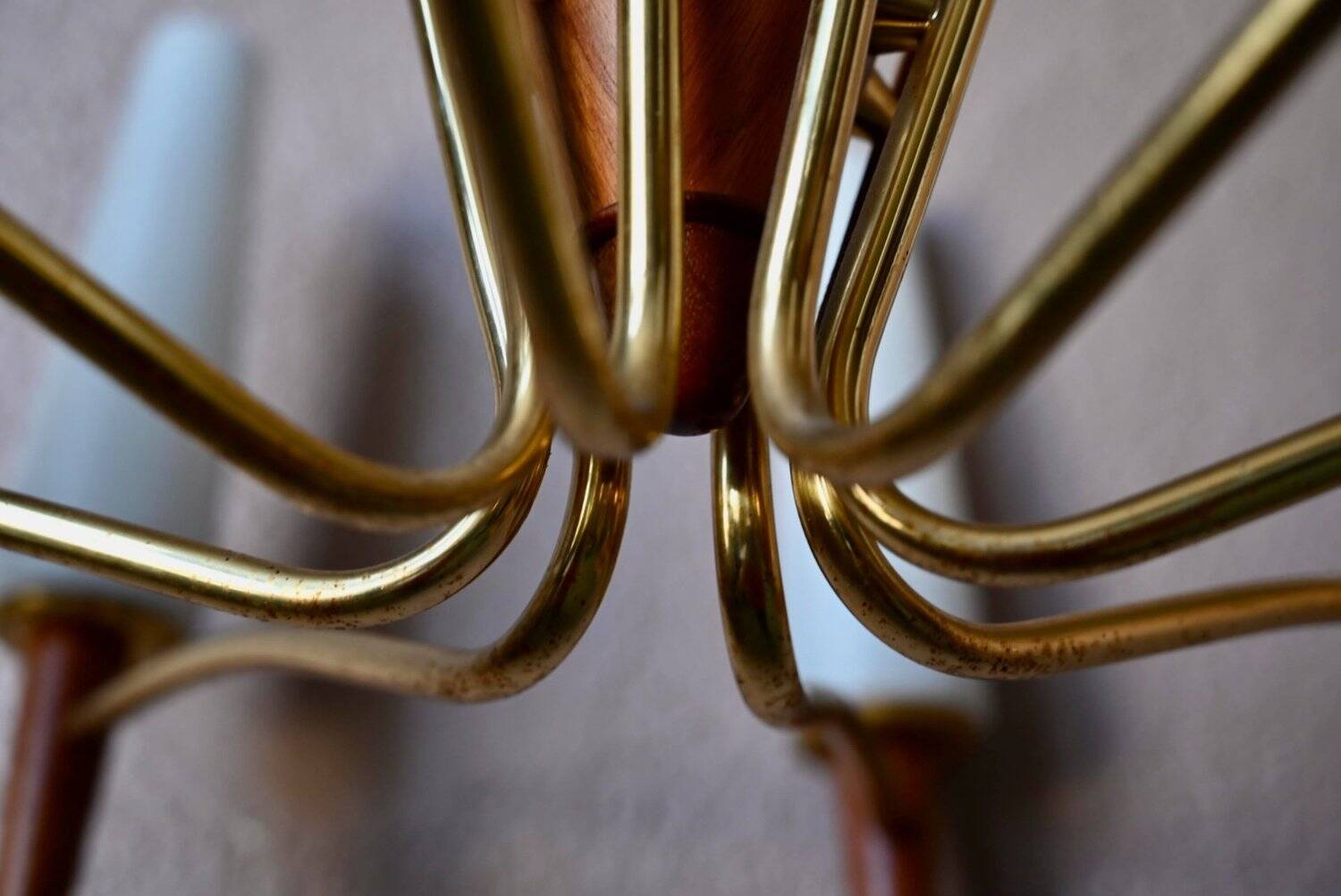 Scandinavian mid-century chandelier, teak, brass, opaline glass, 8 arms, 1950-1960.