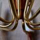 Scandinavian mid-century chandelier, teak, brass, opaline glass, 8 arms, 1950-1960.
