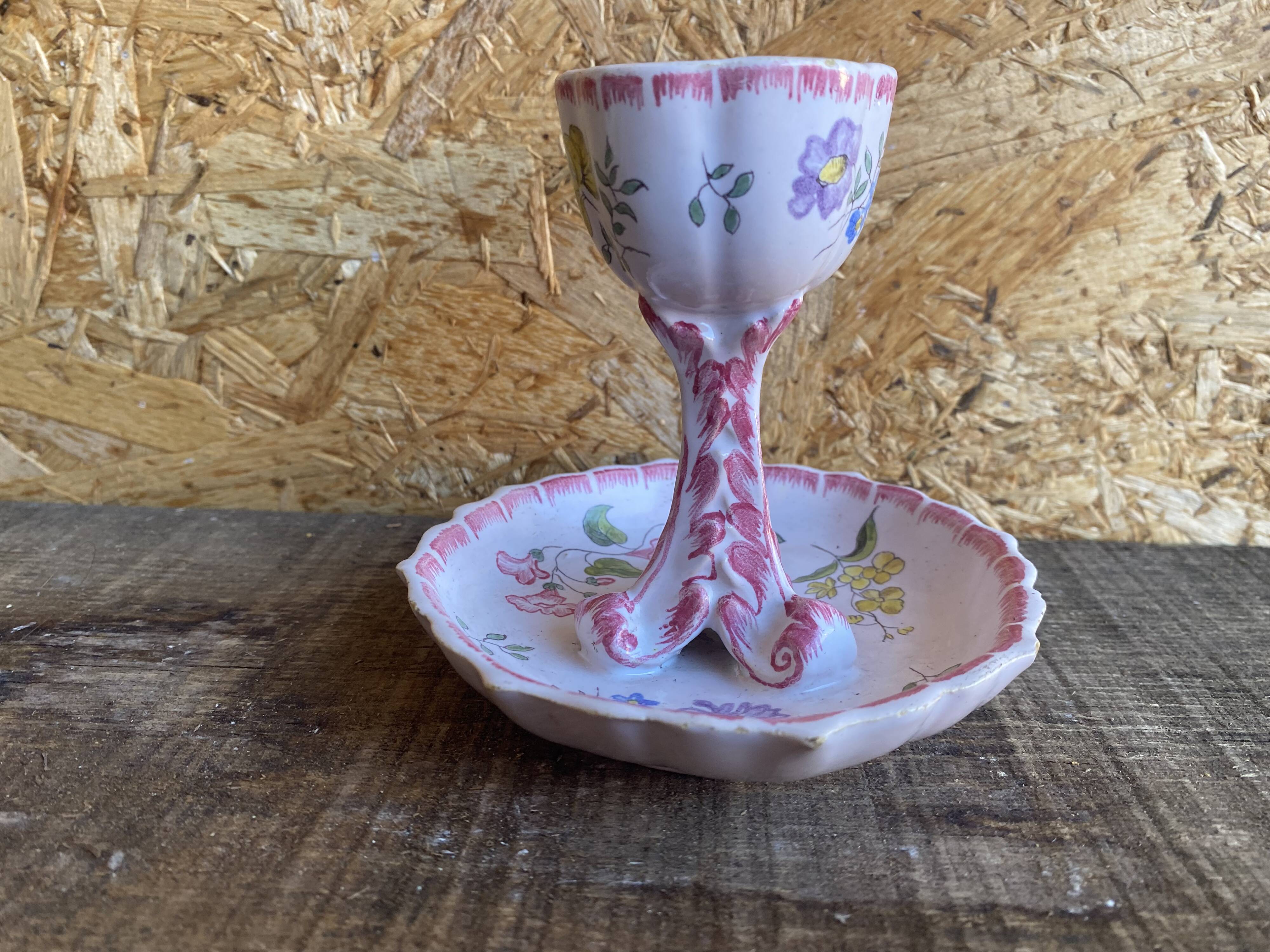Vintage Ceramic Egg Cup on Stand with Pink Flower Decoration #D984