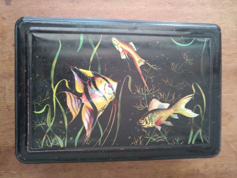 Vintage black art deco metal box with fish decoration