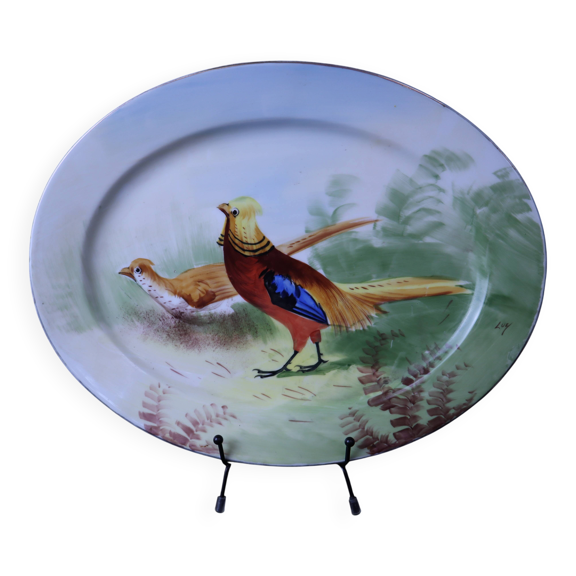 Antique large oval Limoges porcelain dish with painted pheasant decoration.