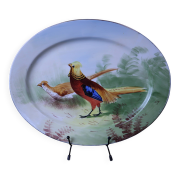 Ancien plat ovale en porcelaine de Limoges décor peint faisans