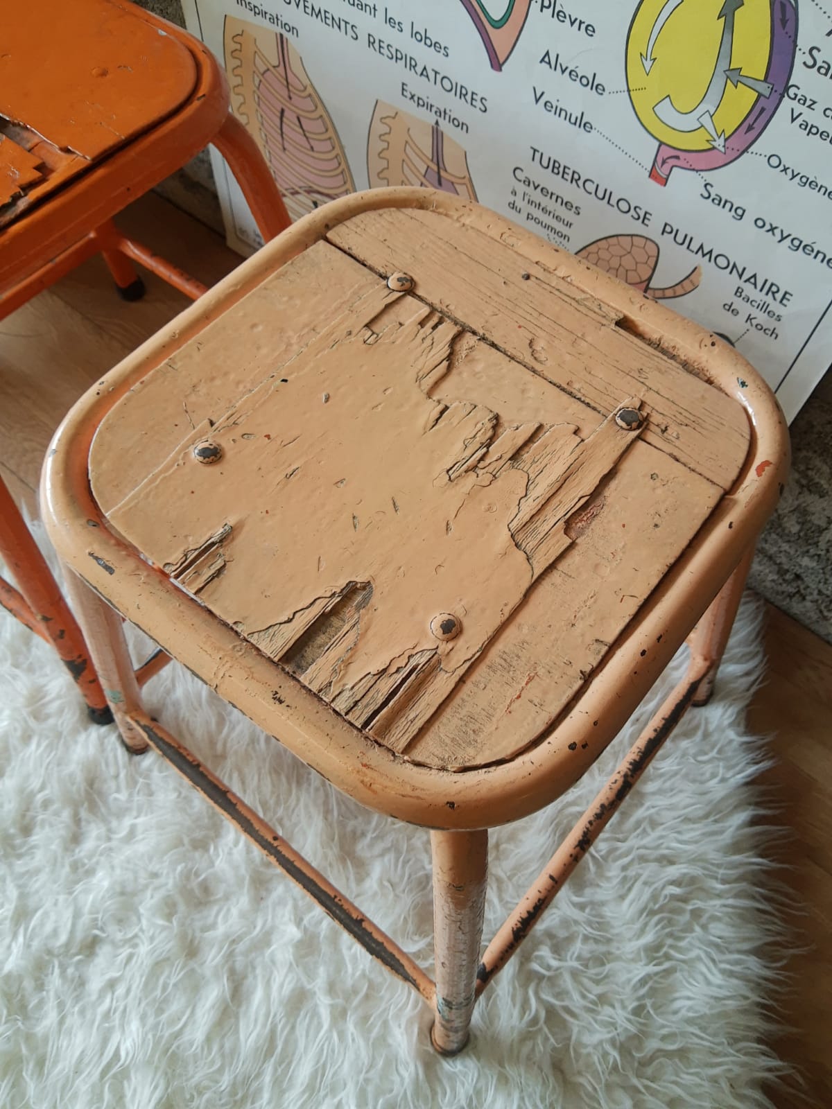 Pair of low metal stools industrial workshop - vintage