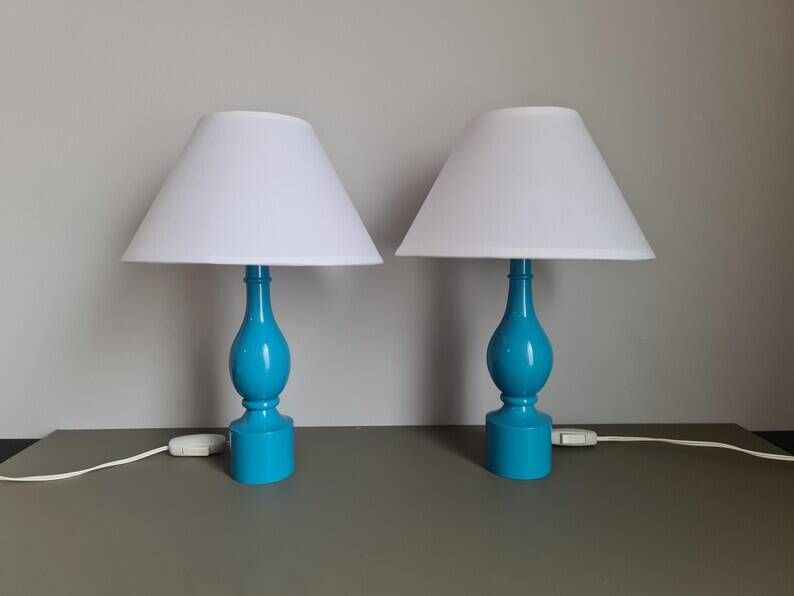 Pair of Philippe Capelle turquoise lacquered wooden table lamps MCM 1970s