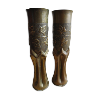 Pair of vases with engraved shell casings, WW1 trench art