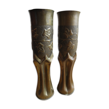 Pair of vases with engraved shell casings, WW1 trench art