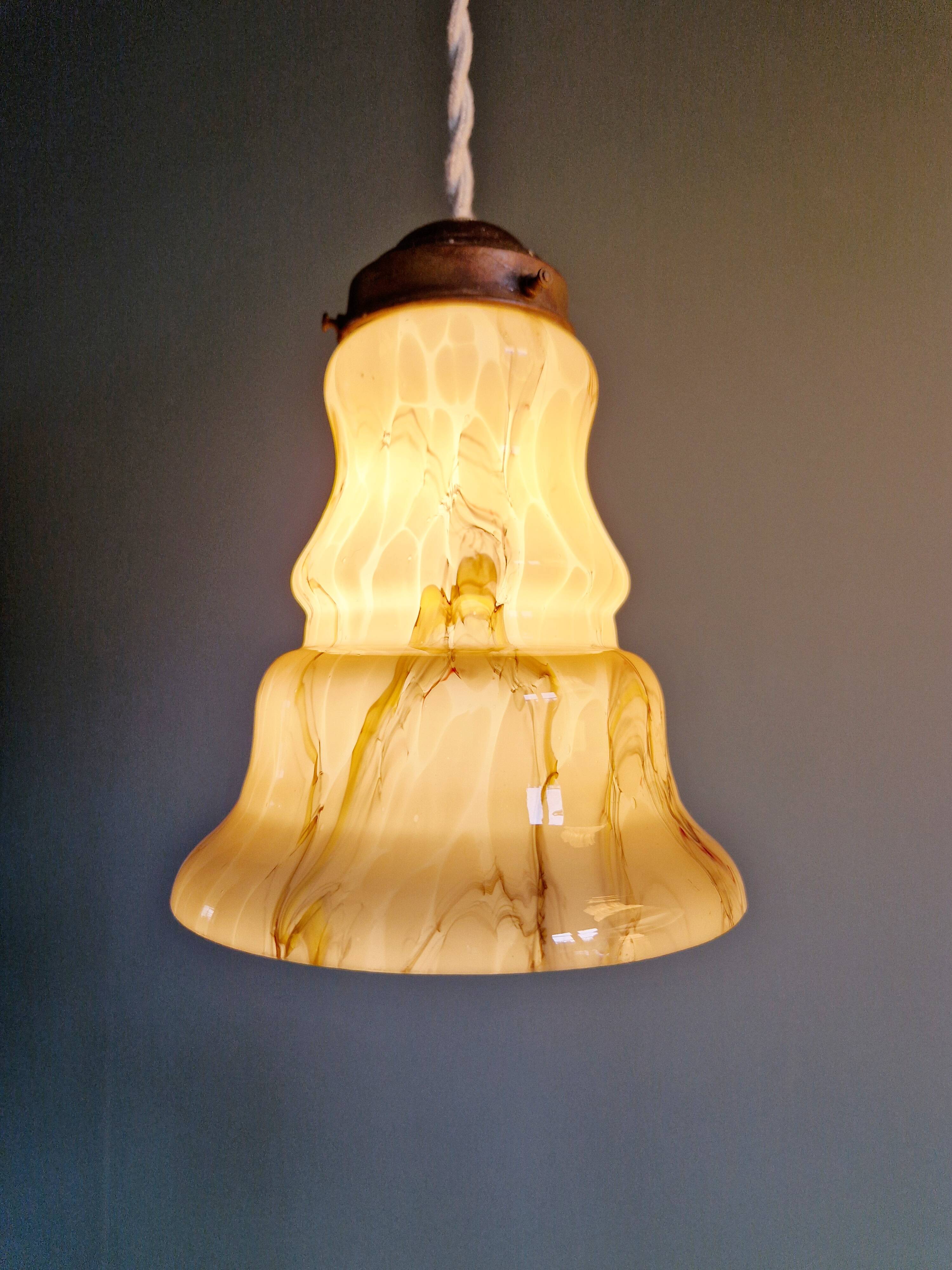 Set of 3 Art Deco marbled opaline pendant lights, 1920s-30s