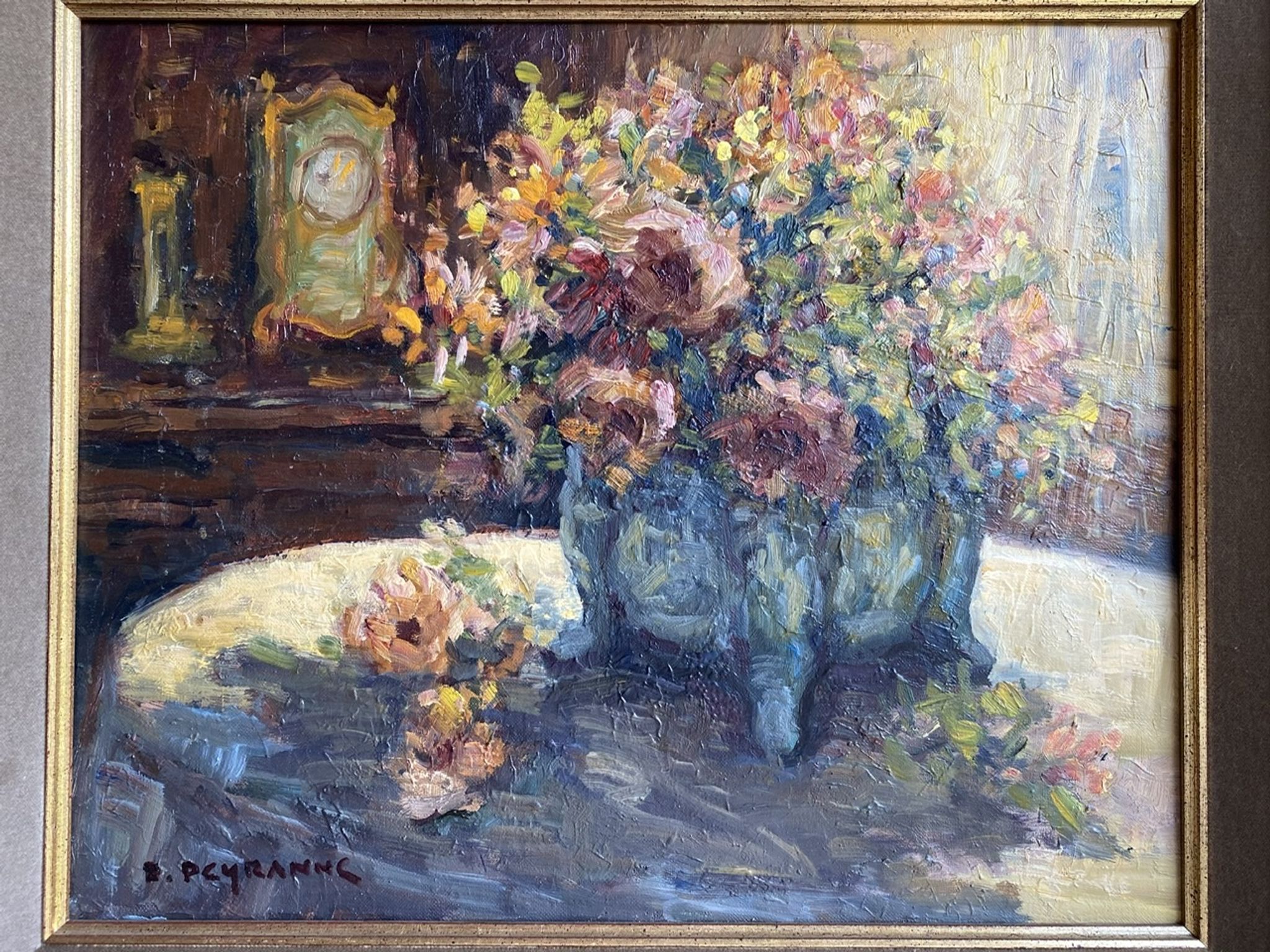 Ancient painting, Still Life with Flowers and Cartel Pendulum, signed, 20th century