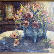 Ancient painting, Still Life with Flowers and Cartel Pendulum, signed, 20th century