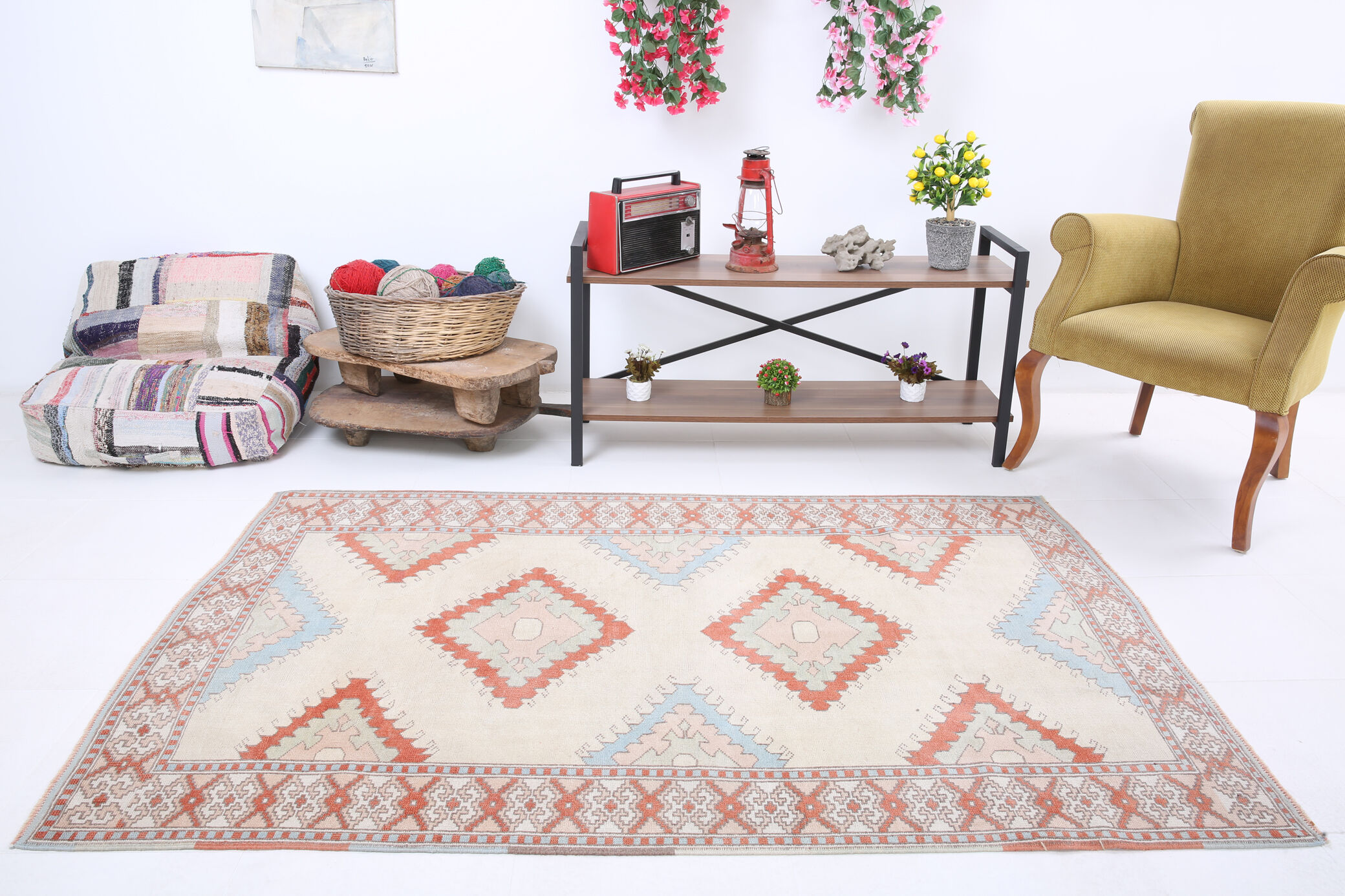 4x6 blue and beige handmade oushak rug