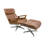 Fauteuil lounge et ottoman en cuir et bois plié des années 60/70