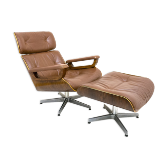 Fauteuil lounge et ottoman en cuir et bois plié des années 60/70