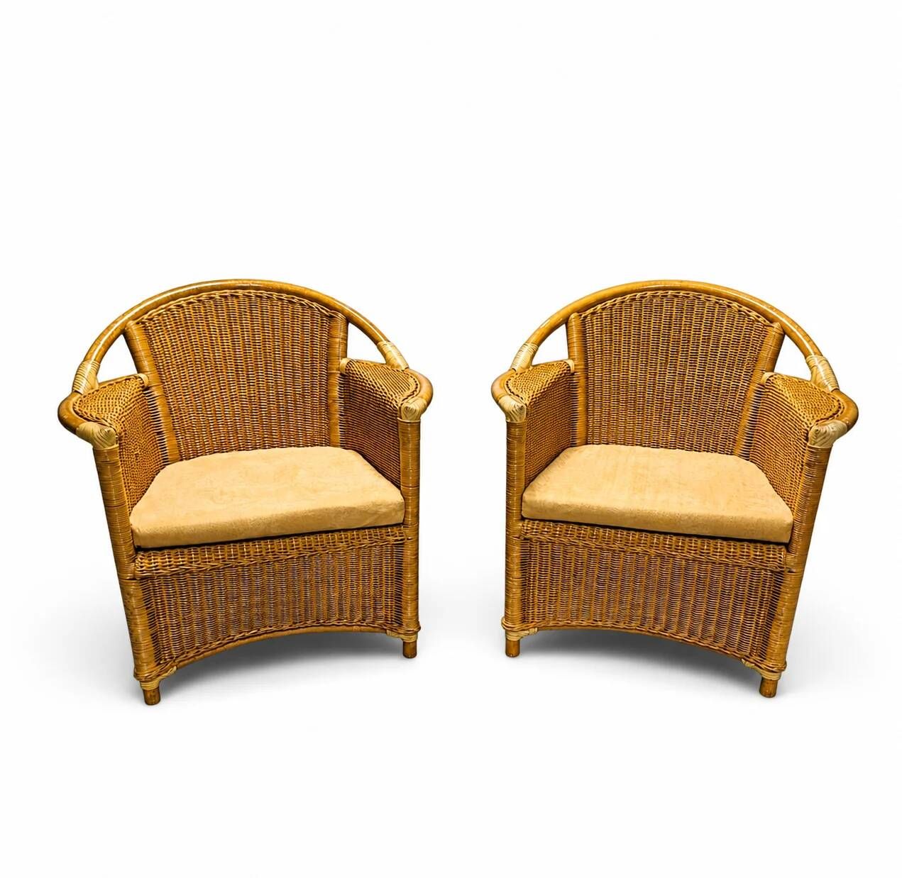 2 x wicker and bamboo patio chair / 1980s / faux suede / alcantara