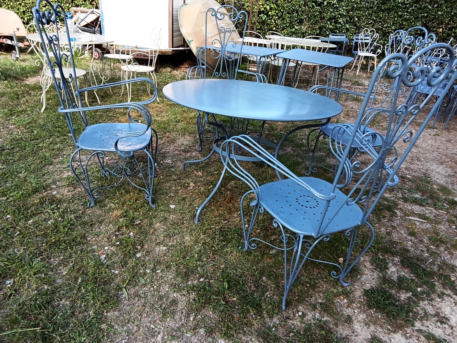 Large blue wrought iron garden furniture