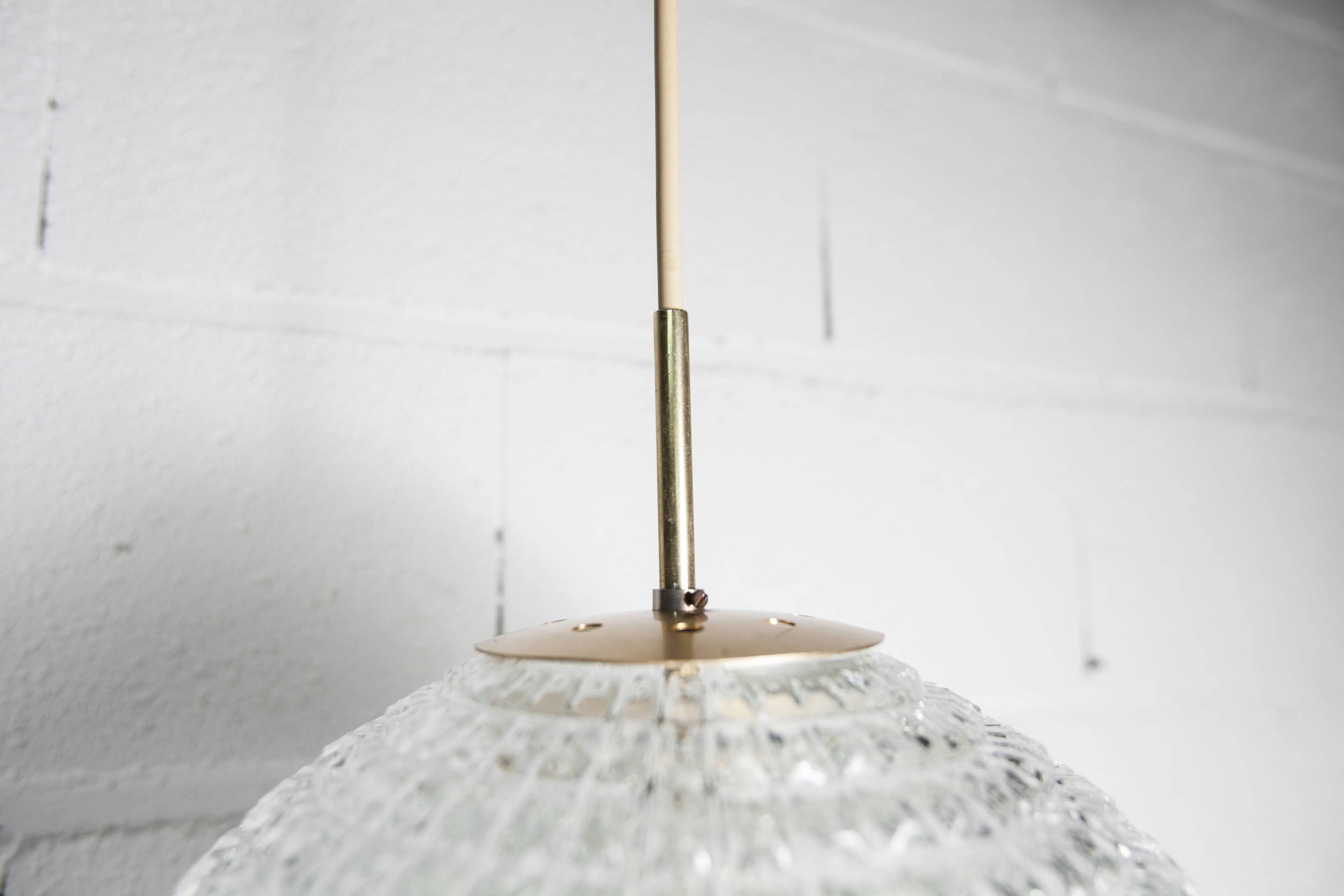 1960s Holophane Ball Pendant Chandelier, Thick Glass, 30 cm, and Vintage Brass