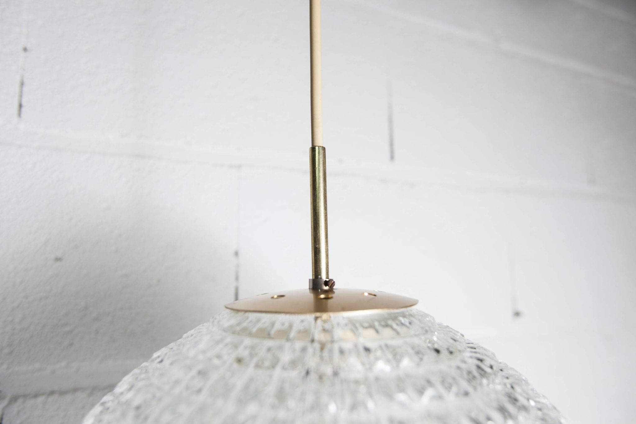 1960s Holophane Ball Pendant Chandelier, Thick Glass, 30 cm, and Vintage Brass
