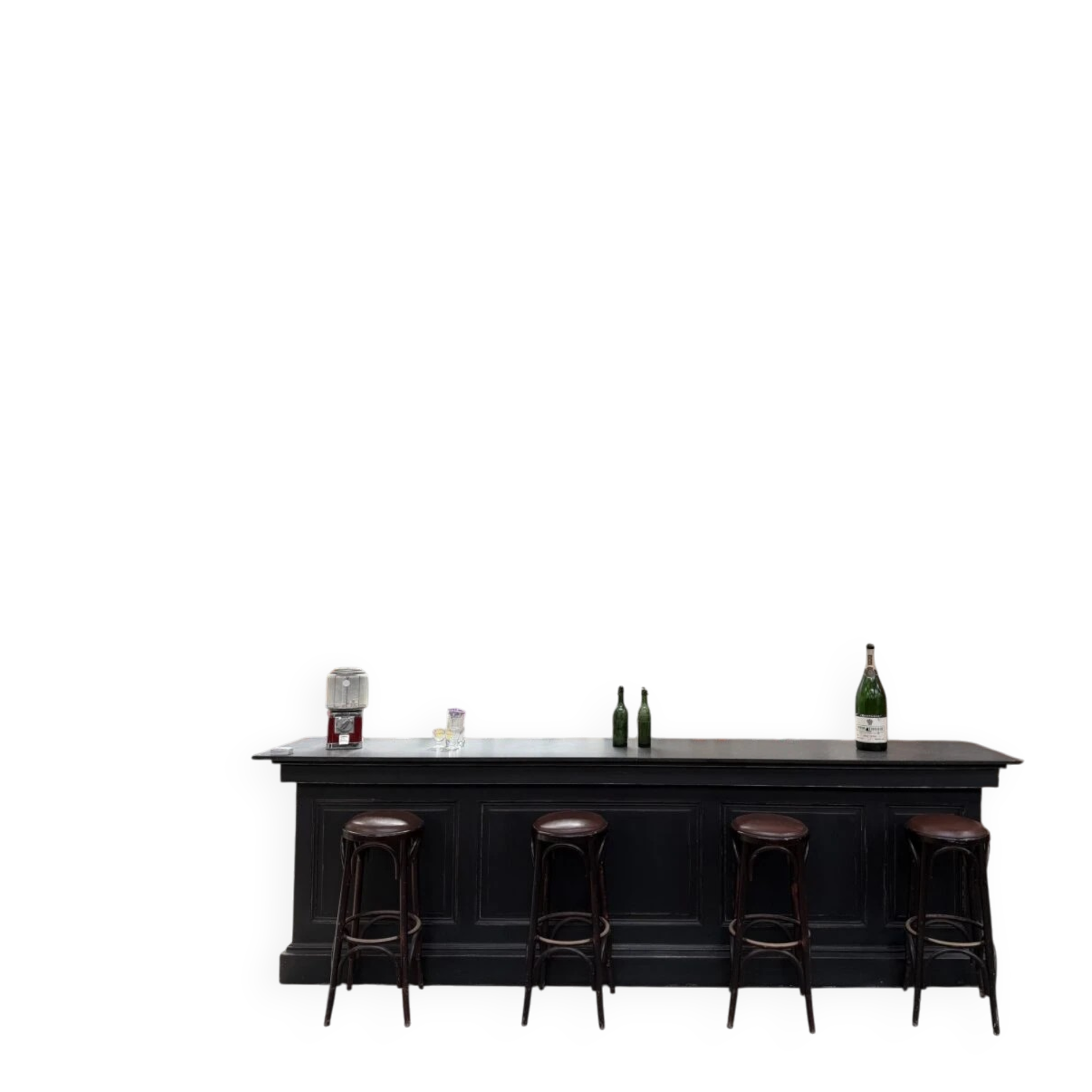 Immense bar counter covered with blue stone.