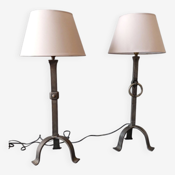 Pair of Brutalist style lamps in wrought iron 1950.