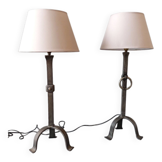 Pair of Brutalist style lamps in wrought iron 1950.