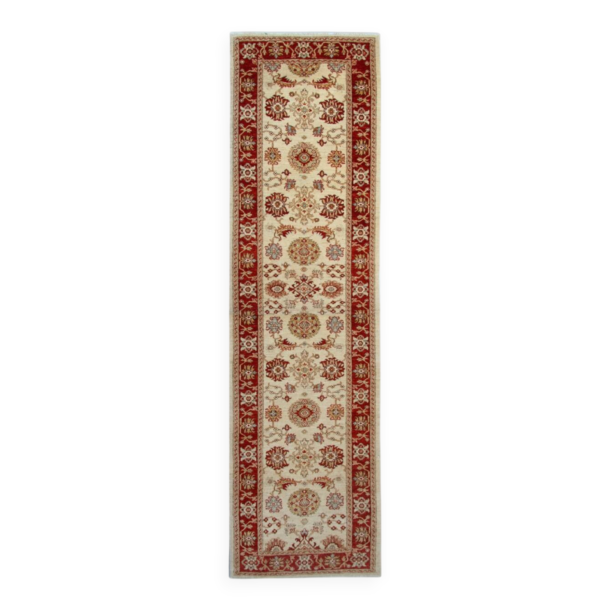 Handmade Cream & Red Wool Runner Rug, Floral Hallway Carpet Stair Runner