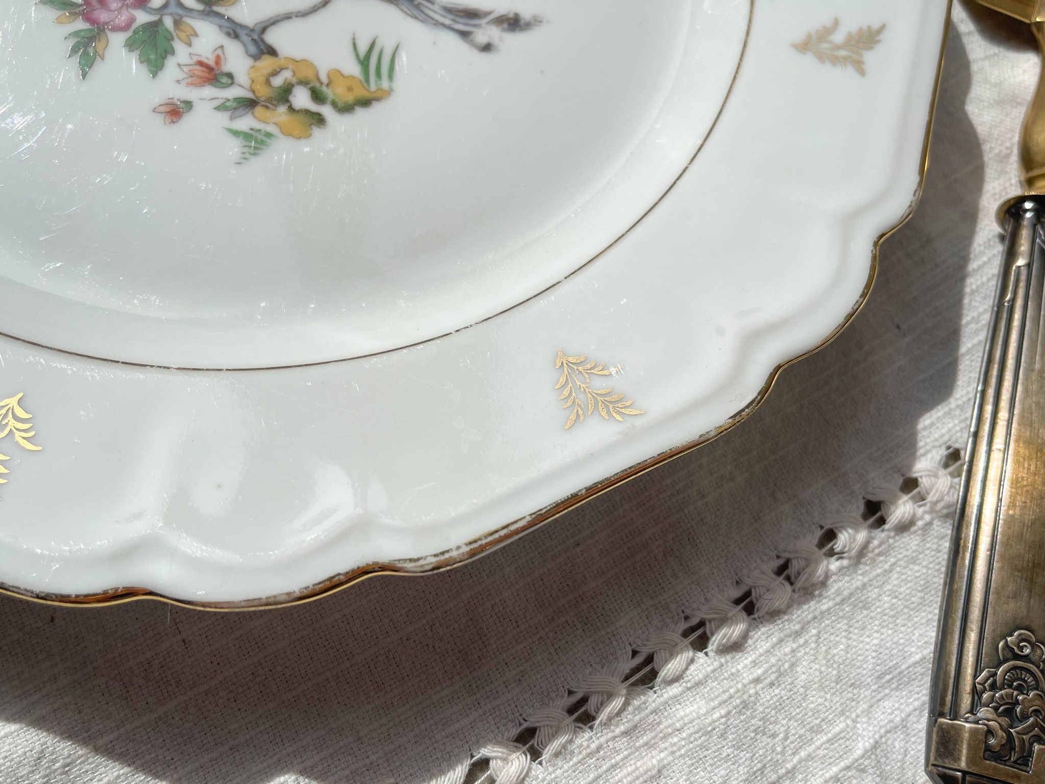 Vintage Limoges Berry porcelain cake dish with bird of paradise motif -