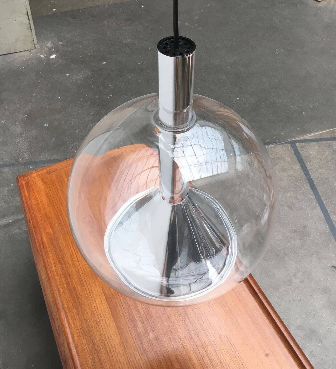 Suspended globe lamp in glass from the German space age by Erco.