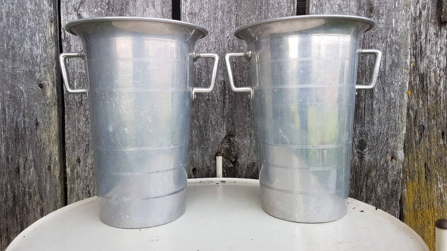 Old pair of aluminum champagne buckets vintage kitchen utensil #a682