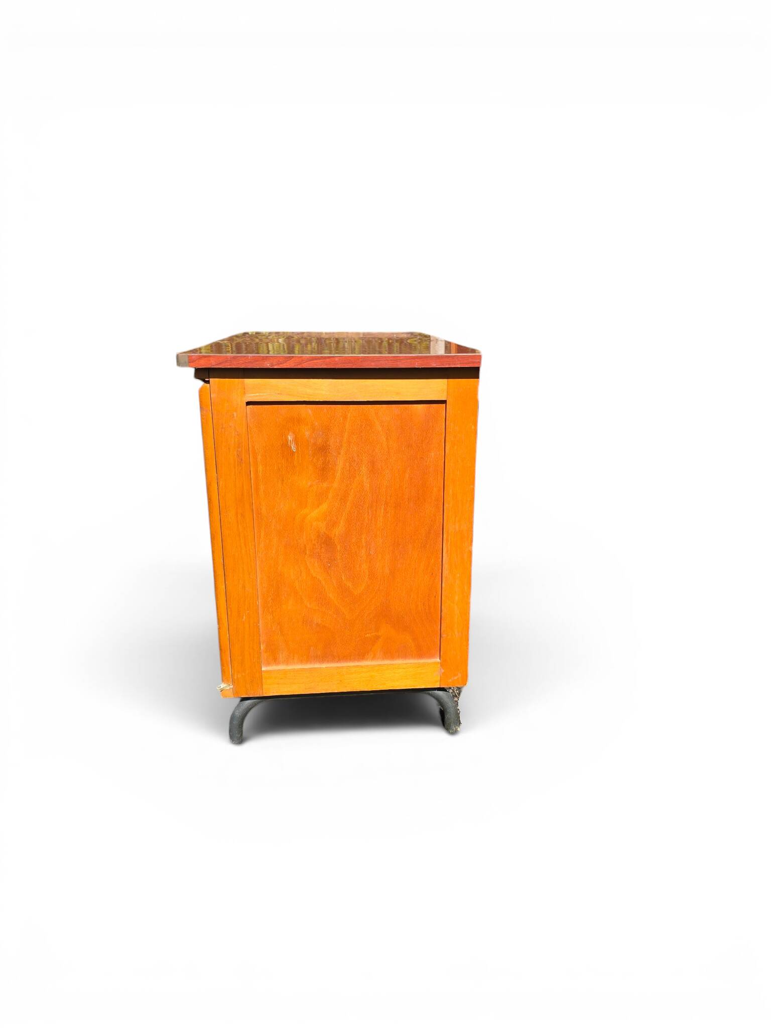 Vintage 1950s desk in red Formica, wood and metal.