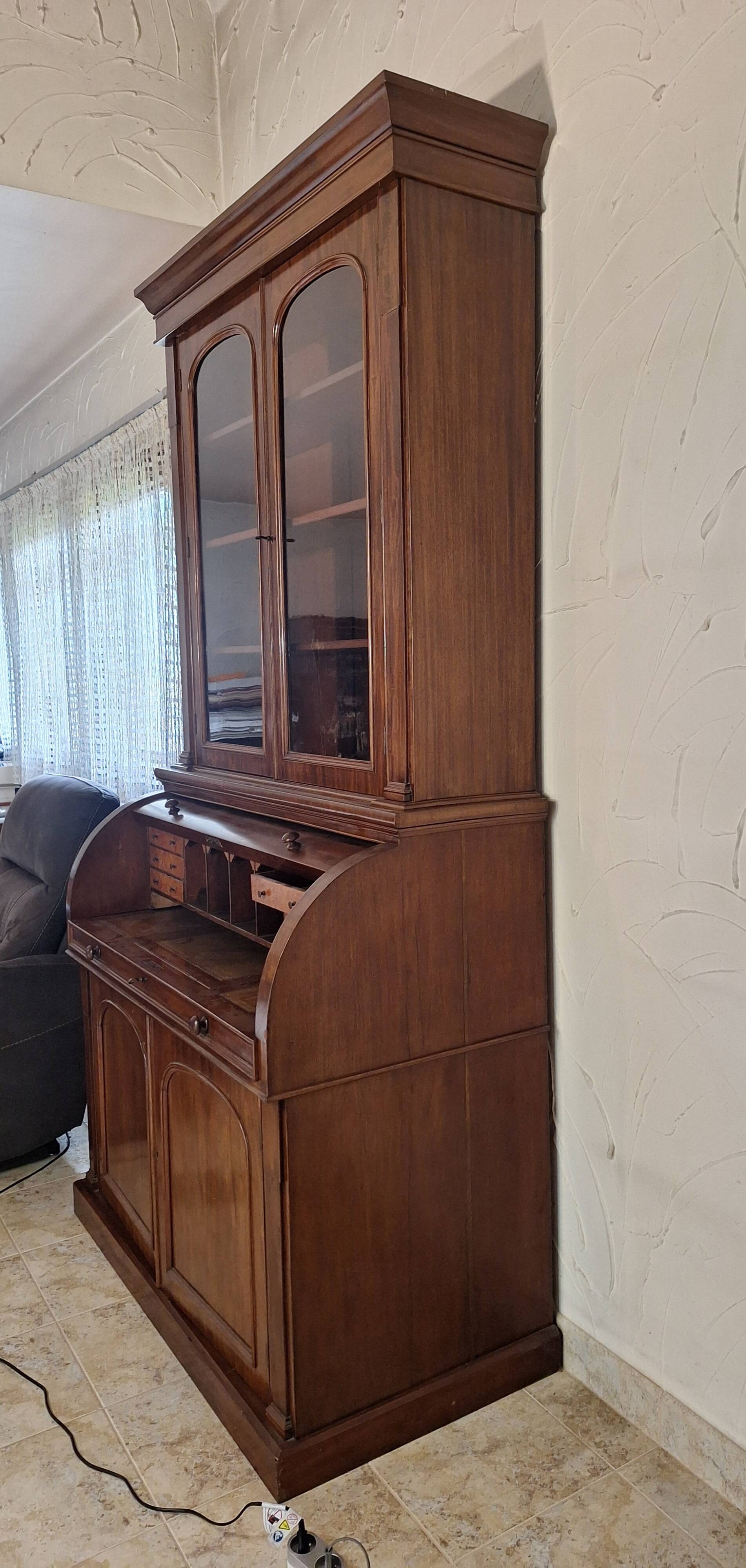 Desk, English writing desk with glass-fronted bookcase