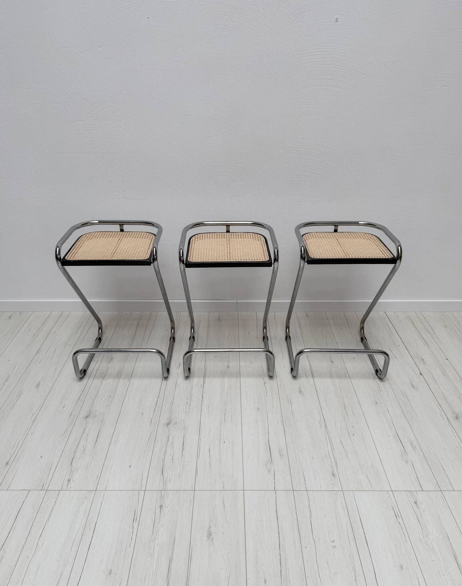 1970s set of 3 vintage Italian wicker & chrome barstools