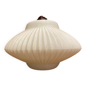 Suspension Ancienne Lampe Opaline Blanc Forme Soucoupe Striée Vintage