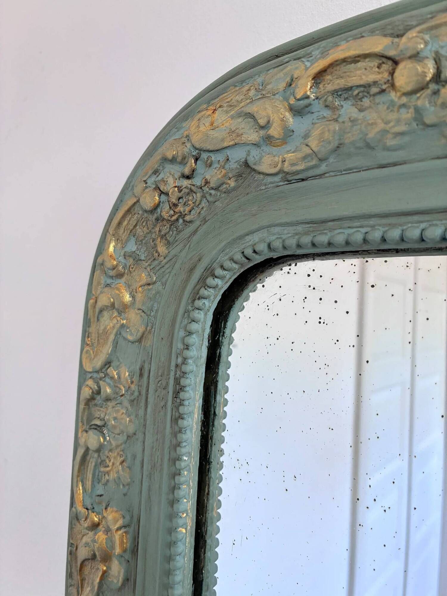 Large antique French Louis Philippe mirror – green and gold, late 19th century