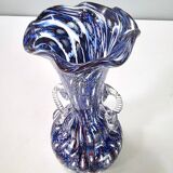 Vase en verre de Murano bleu attribué à Fratelli Toso avec des murrines, Italie
