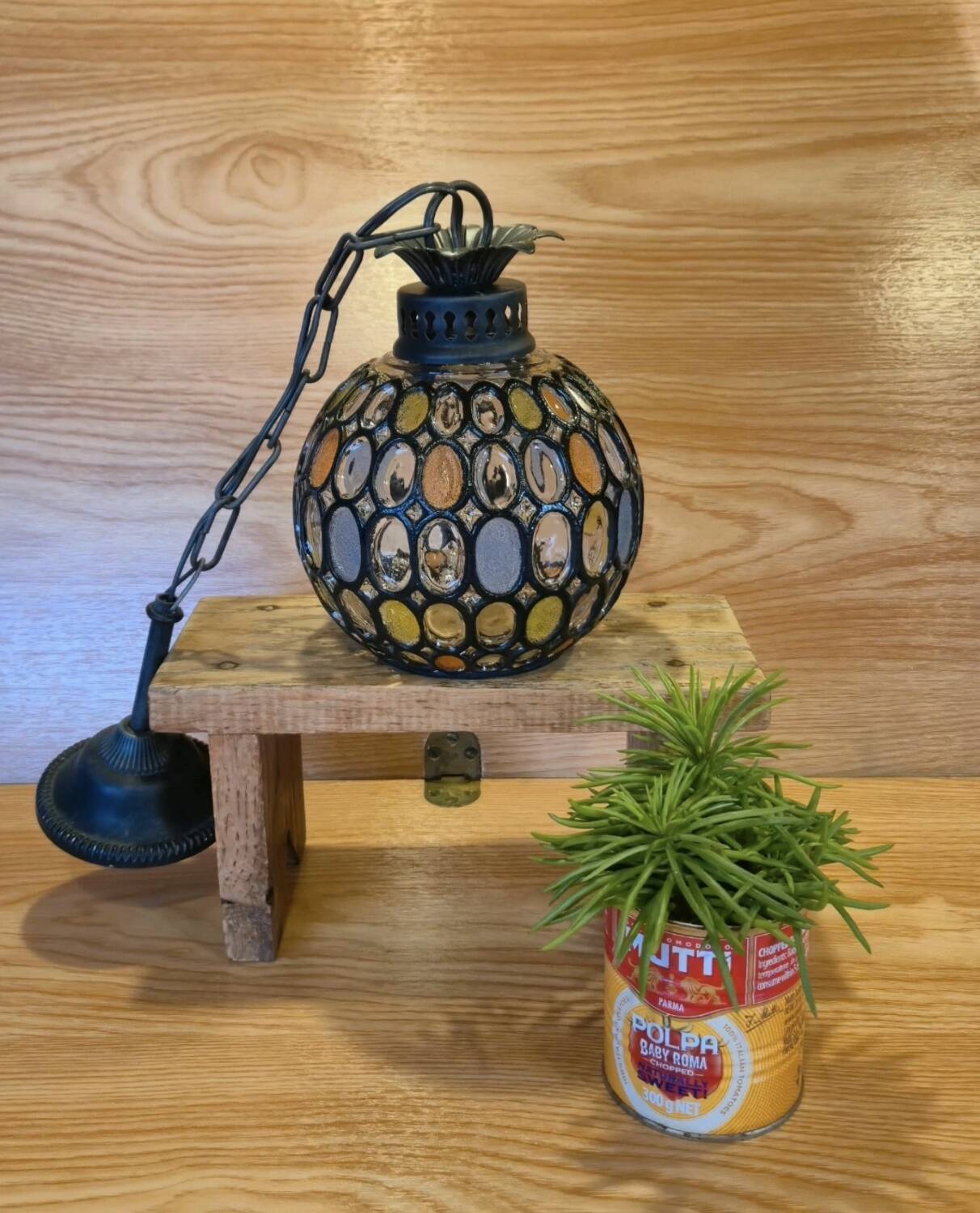 Vintage 1960s glass stained glass pendant light.