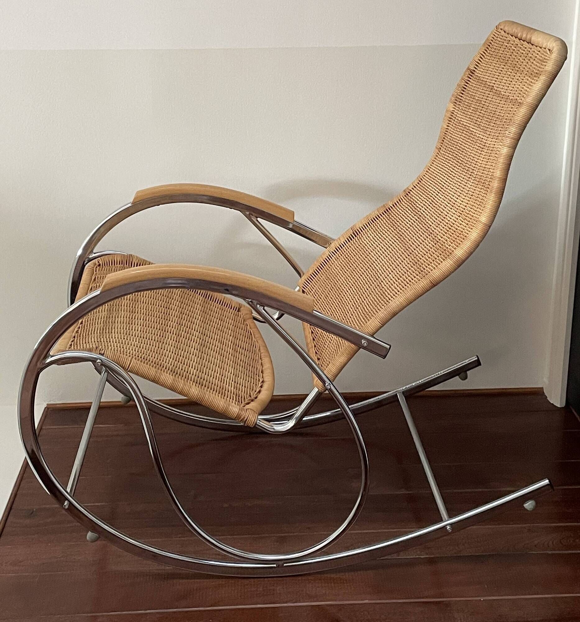 Bauhaus style rocking chair, chrome metal, rattan and beech wood, 1960-70