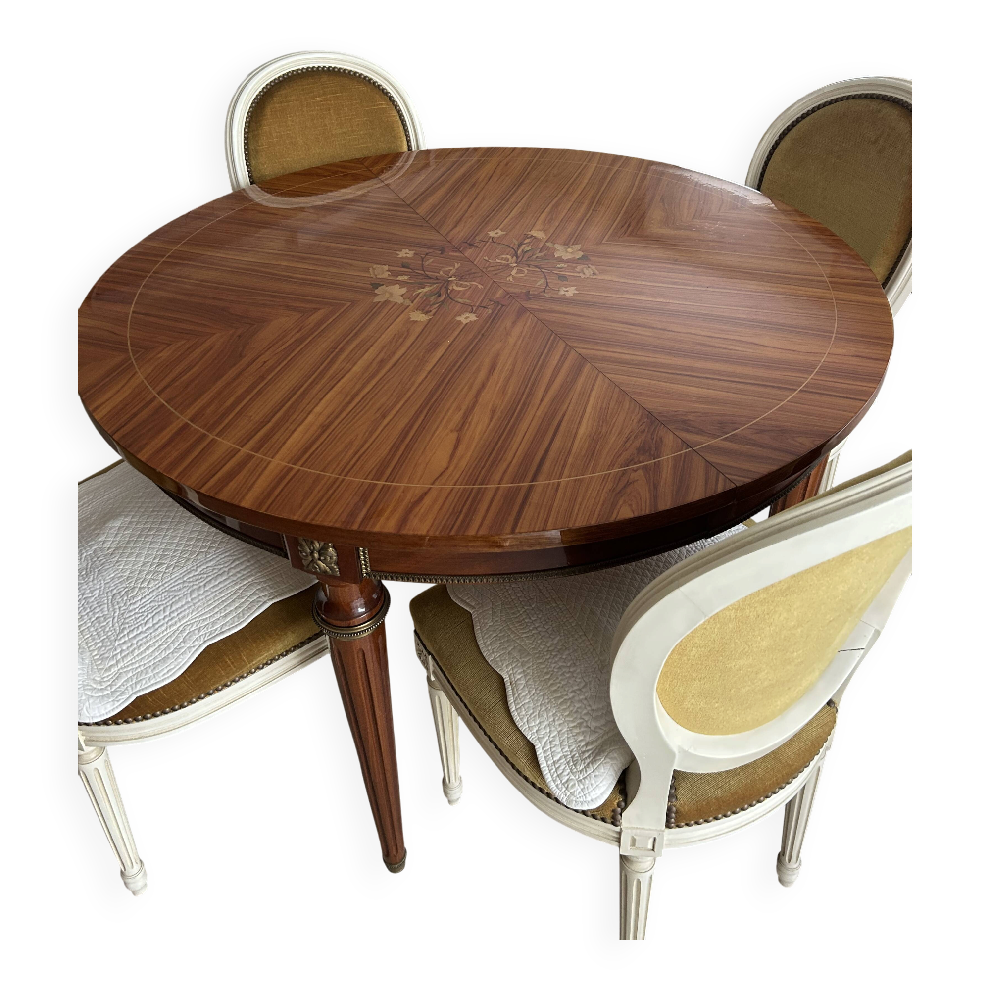 Round table with marquetry + 2 extensions - louis xvi style